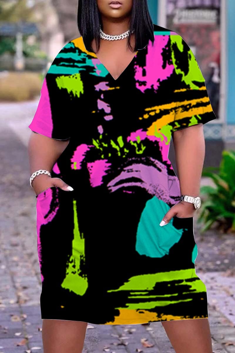 4 XL / Black Z102089 Plus size summer dress with Pocket short Sleeves V Neck Straight 3D printing Dresses