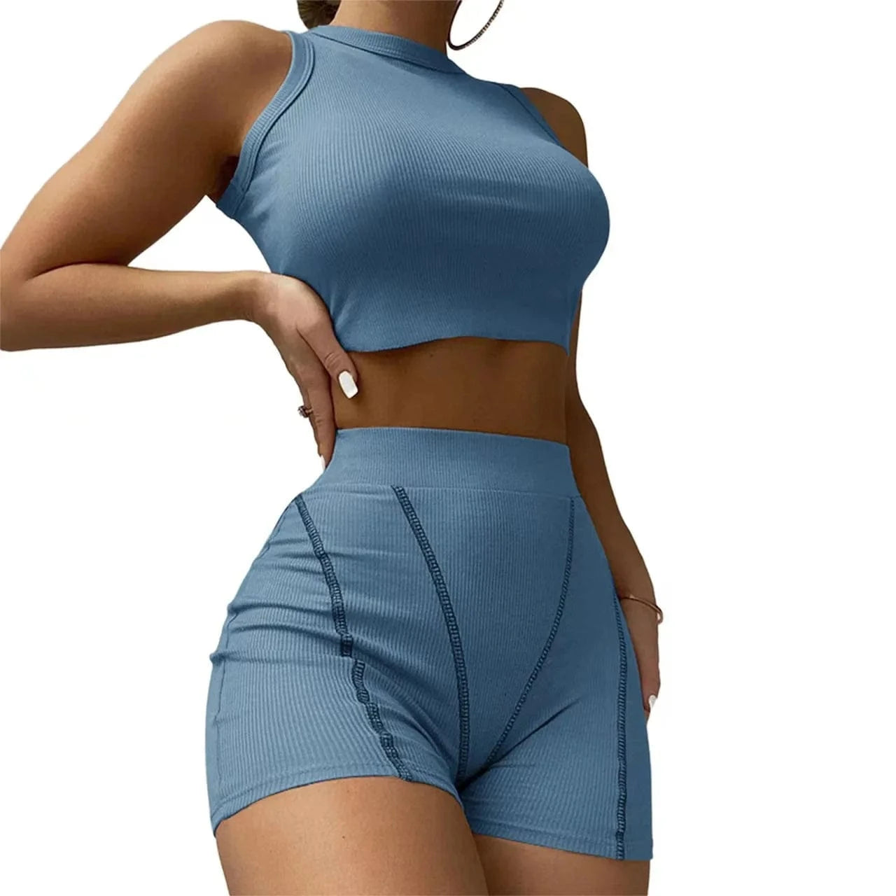 4 XL / Blue 2022 INS Hot Ribbed Stretchy Fabric Crew Neck Crop Top and Shorts Pants Outfit Women Casual Two Piece Set