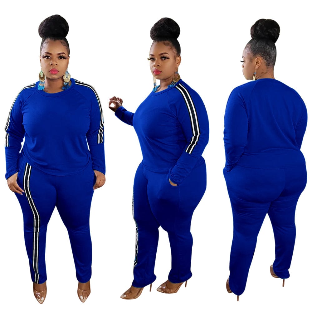 4 XL / Blue Fashion Fall and winter casual women sportswear long-sleeved trousers solid color striped plus size 5XL sports suit