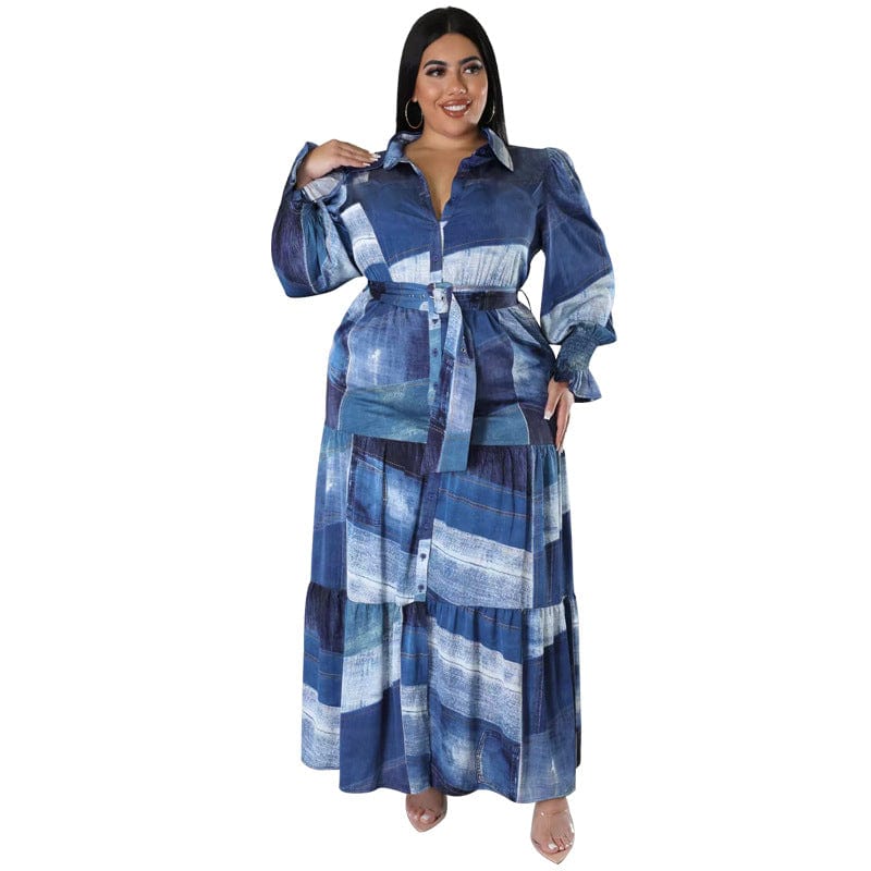 4 XL / Blue J&H 2023 new arrivals plus size long sleeve maxi dress color block fashion fall dress with belt women long sleeve shirt dress
