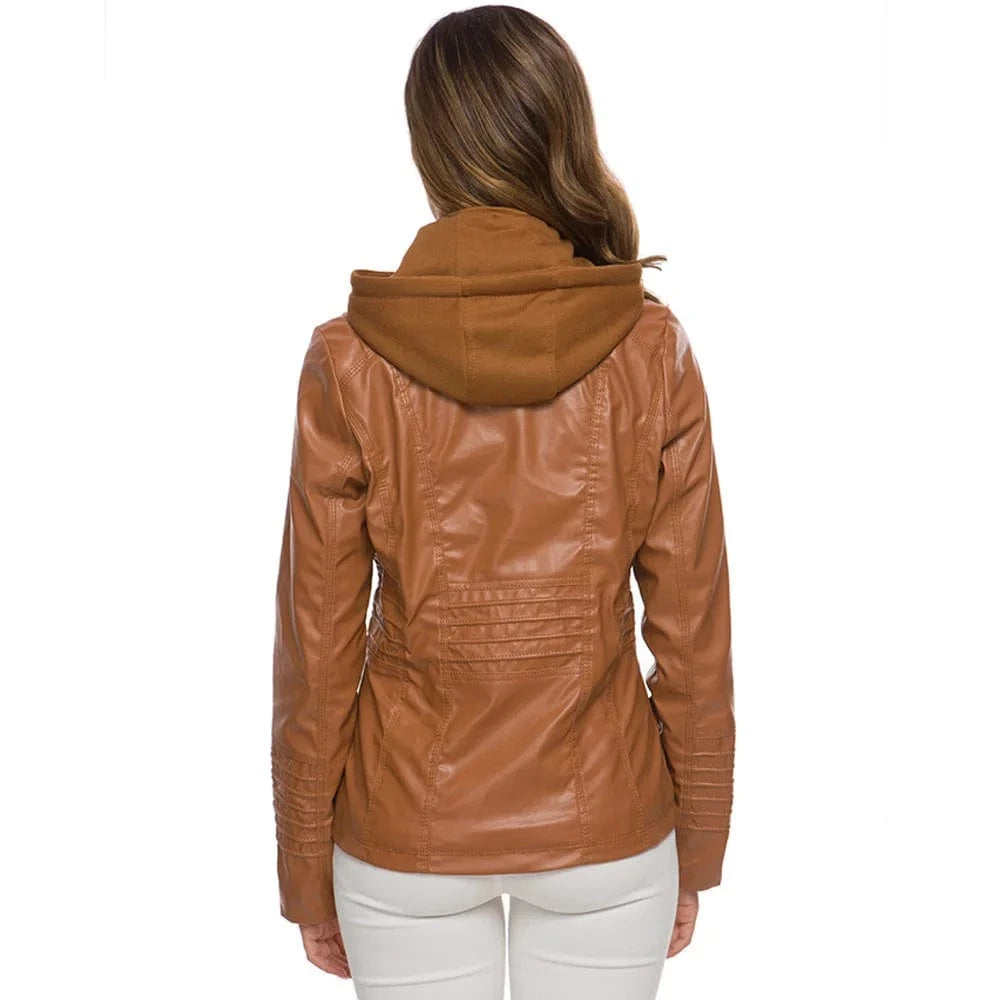 4 XL / Brown Women Black Pu Leather Hooded Jacket Front Pocket Zipper Slim Fit Ladies' Faux Leather Hoodie Jackets 7XL
