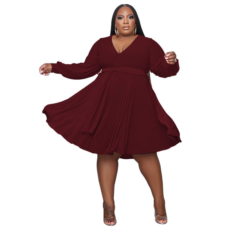 4 XL / Burgundy 2023 New Arrivals Spring Women Clothing Solid Color V Neck Lace Up Belt Loose Casual Knee Length Knit Plus Size Dress