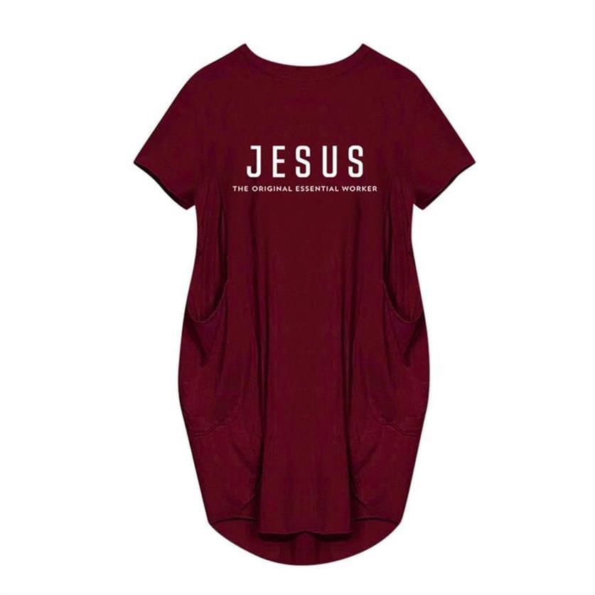 4 XL / Burgundy Dress Short Sleeve Jesus Everything Letters Print Women Dress Clothing Beach Summer Vestidos Dresses Oversized 5XL Dropshipping