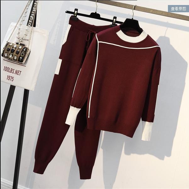 4 XL / Burgundy Fashion fall ladies lounge wear patchwork color block sweater and jogger set women casual knitted pant 2 two piece sweater sets