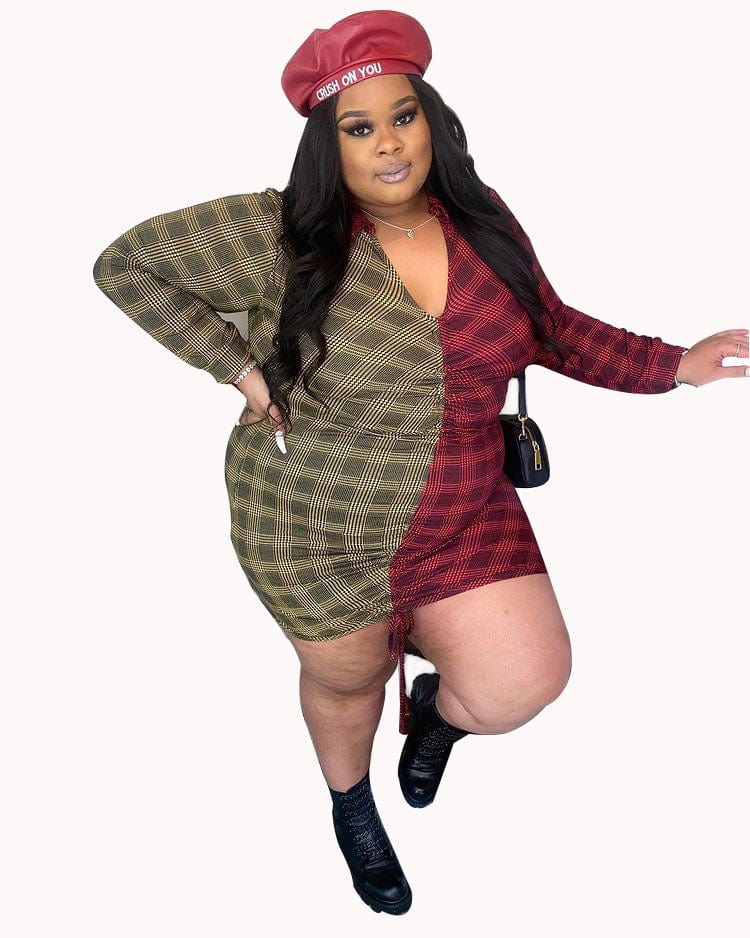 4 XL / C7035 Sexy Collar V Chest Panel Contrast Pleated Rope Dress