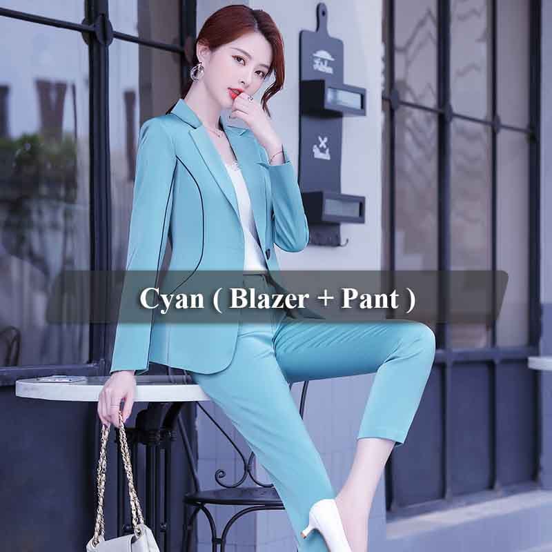 4 XL / Cyan 2 Piece set Wholesaler Soft and Comfortable Cyan Pant Suit Women Keep Slim Fashion OEM Style Office Lady Long Sleeve Blazer and Pant