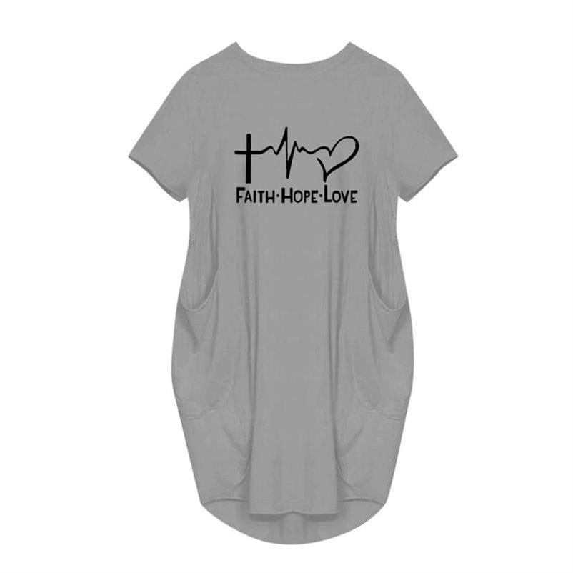 4 XL / Gray Women Dresses Faith Hope Love Heartbeat Cross Jesus Short Sleeve Dress Letters Print Clothing Summer Vestidos Drop Ship 5XL