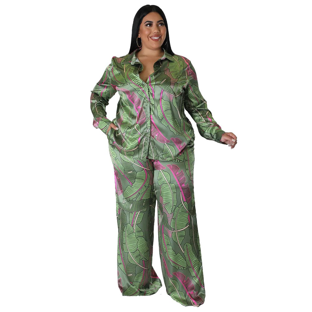 4 XL / green kc Printed cardigan long sleeve loose trousers fashionable printed casual suit for women