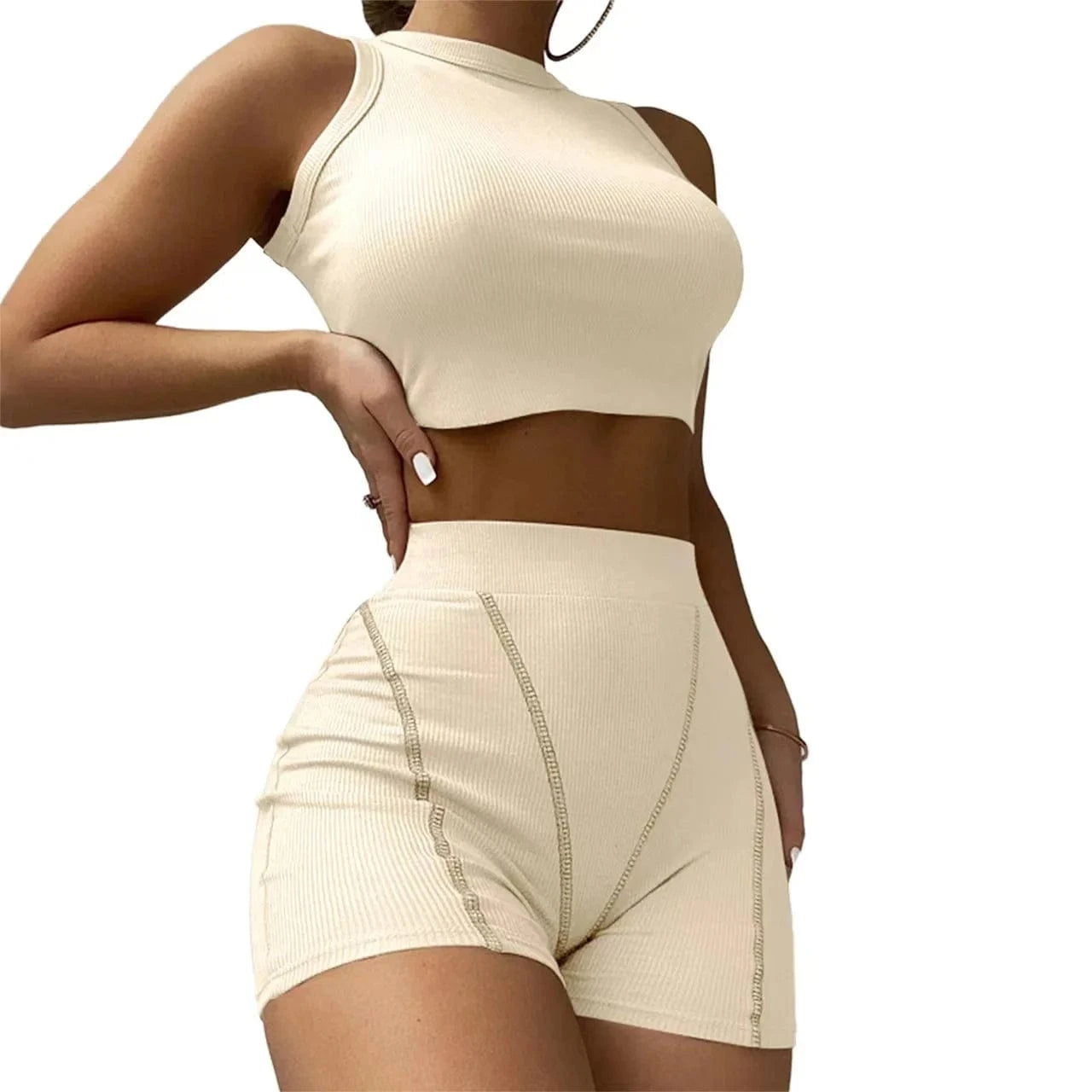 4 XL / Ivory 2022 INS Hot Ribbed Stretchy Fabric Crew Neck Crop Top and Shorts Pants Outfit Women Casual Two Piece Set