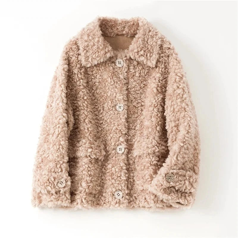 4 XL / khaki Pudi women real fur coat jacket female natural sheep fur coats turn down collar jackets parka H886