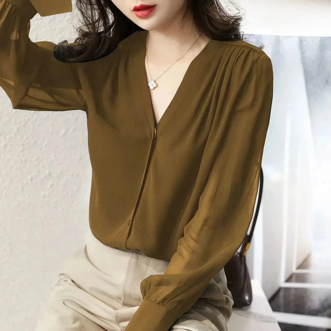 4 XL / Khaki Women's Long-sleeved Shirt Spring and Autumn 2024 New French V-neck design Sense Top Elegant Loose Chiffon Shirt for Women