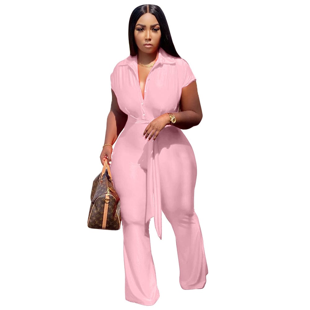 4 XL / L56619-4 L56619 Pink Fashion Shirt Collar Single-breasted Wide Leg Jumpsuit