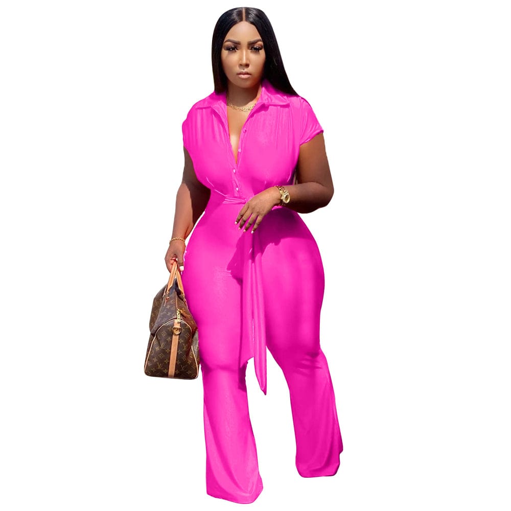 4 XL / L56619-5 L56619 Pink Fashion Shirt Collar Single-breasted Wide Leg Jumpsuit