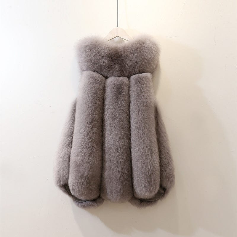 4 XL / light grey factory sale ladies fashion winter warm thicken jacket 4XL size faux fox fur with hood hot sale vet wholesale fur jacket
