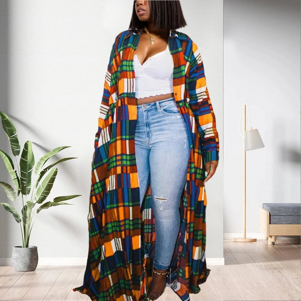 4 XL / Orange D1202ST31 Selling Plaid Print Turn Down Collar Winter Maxi Style Girls Women Long Coat Sehe Fashion