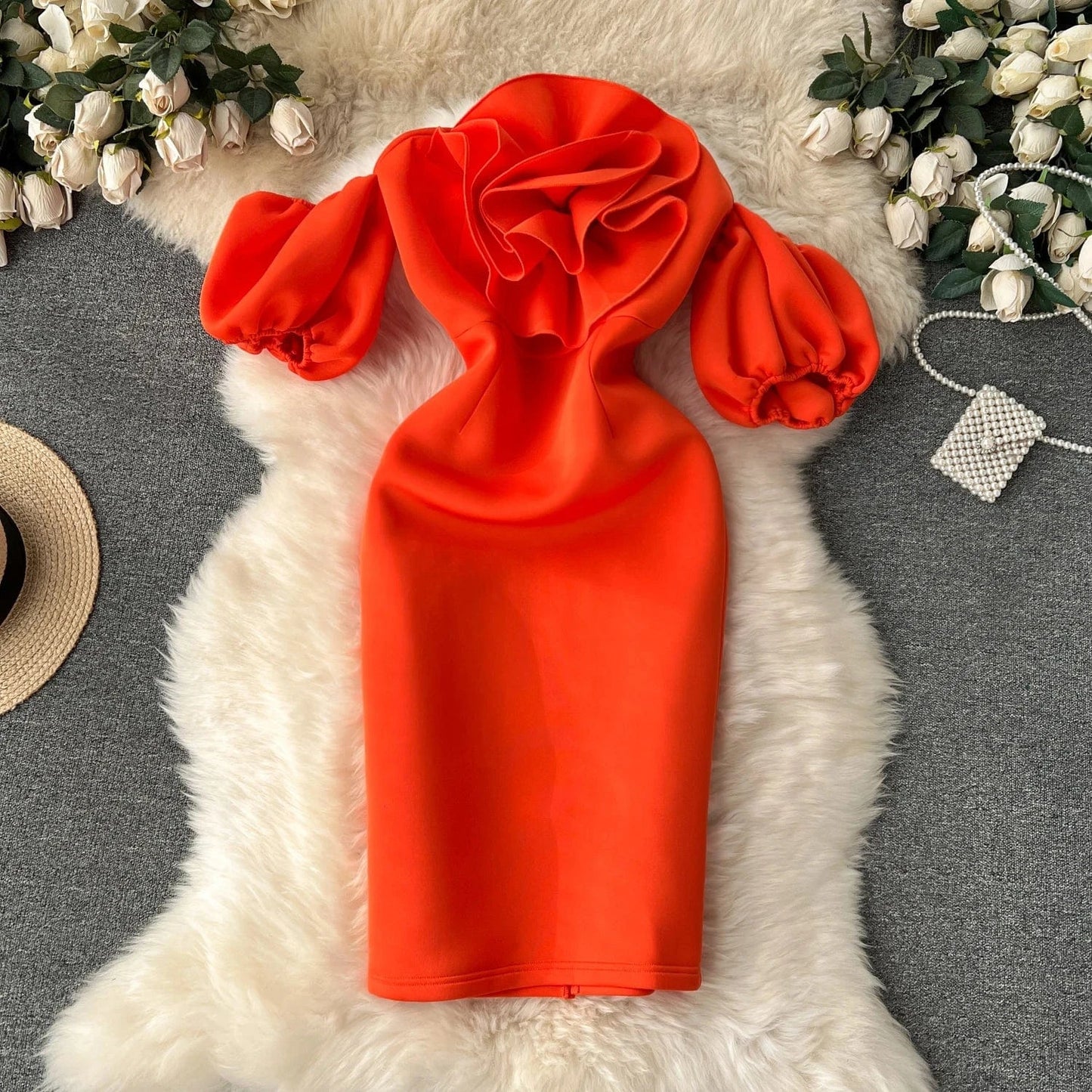 4 XL / Orange Summer Celebrity Dress Slim Light Luxury Banquet Ruffle Bag Buttock Dress