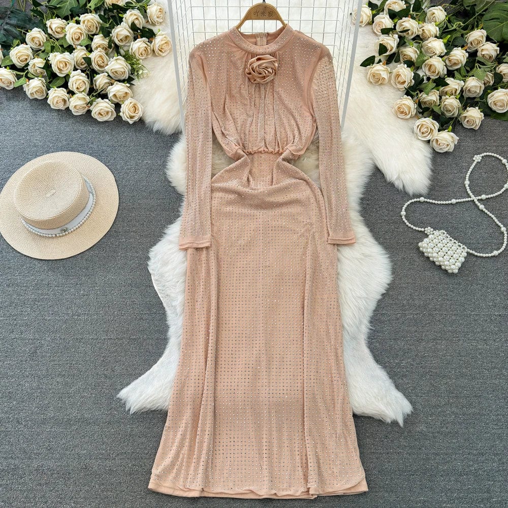 4 XL / pale pinkish grey Spring New O-neck Dress Women's Long Sleeve Sequin Fashion Party Dress