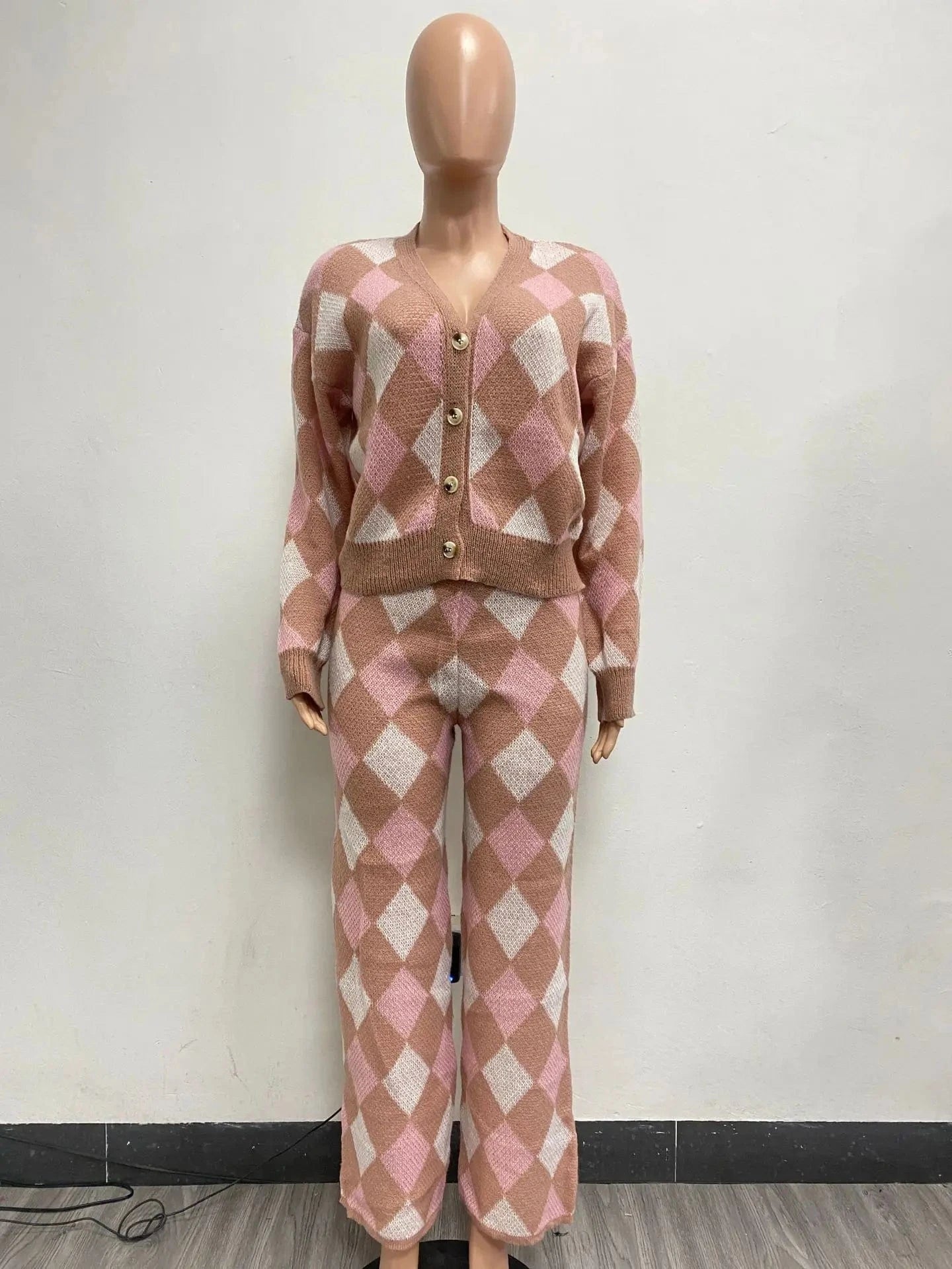 4 XL / Pink S-4XL 2023 Women Elegant Fall Loungewear Knitted Cardigan Long Sleeve Top And Pants 2 Piece Sets