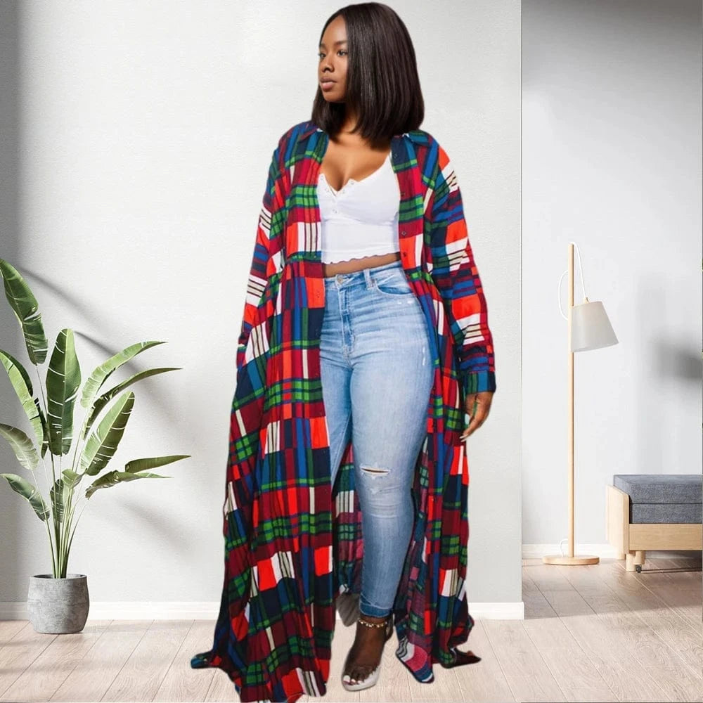 4 XL / Red D1202ST31 Selling Plaid Print Turn Down Collar Winter Maxi Style Girls Women Long Coat Sehe Fashion