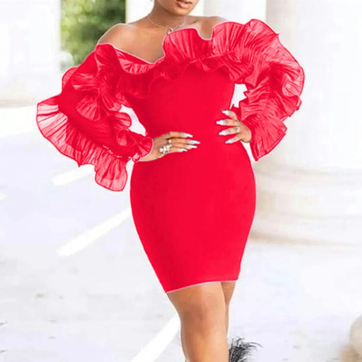 4 XL / Red P28808 2024 Summer Off Shoulder Exaggerated Ruffle Ruched Mesh Bodycon Dress