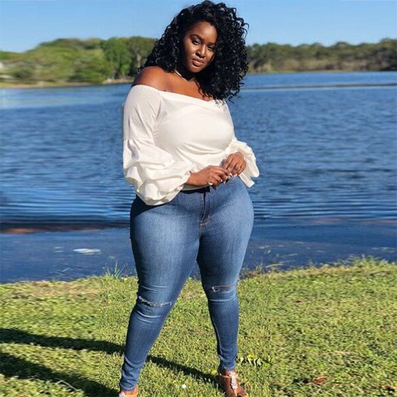 4 XL / White Off shoulder large size women's sexy lantern sleeves blouse tops