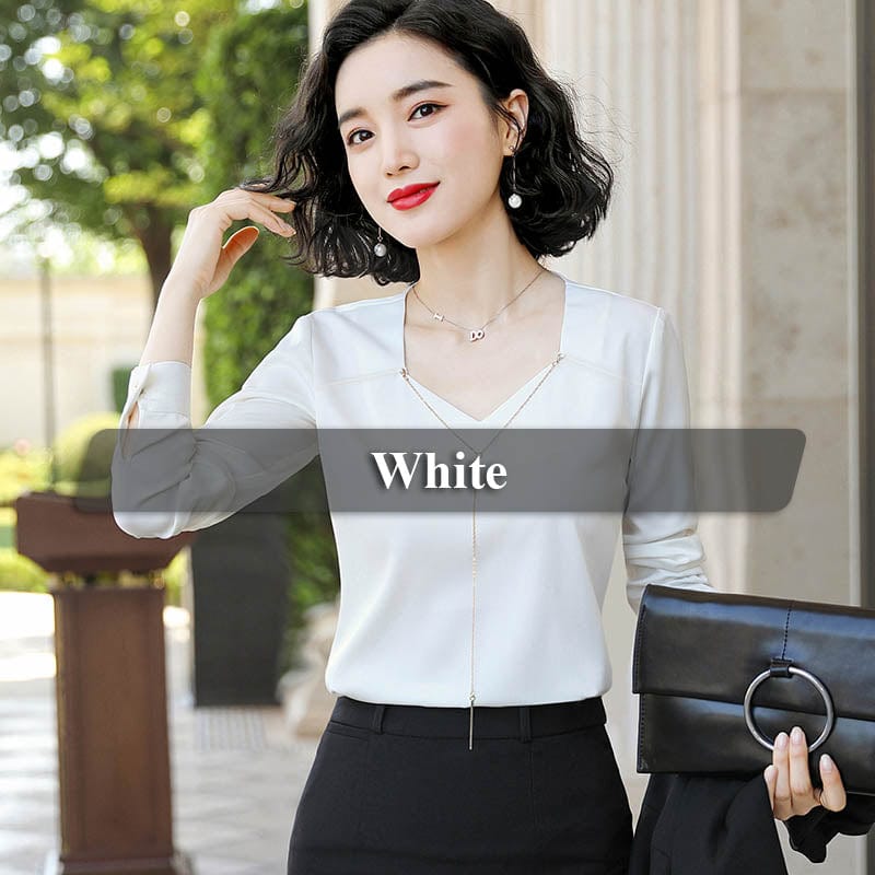 4 XL / White Smooth Fabric V-neck Shirts for Women High-quality Blouse with Chain Work Wear Office Lady Female Tops Chemise Loose style