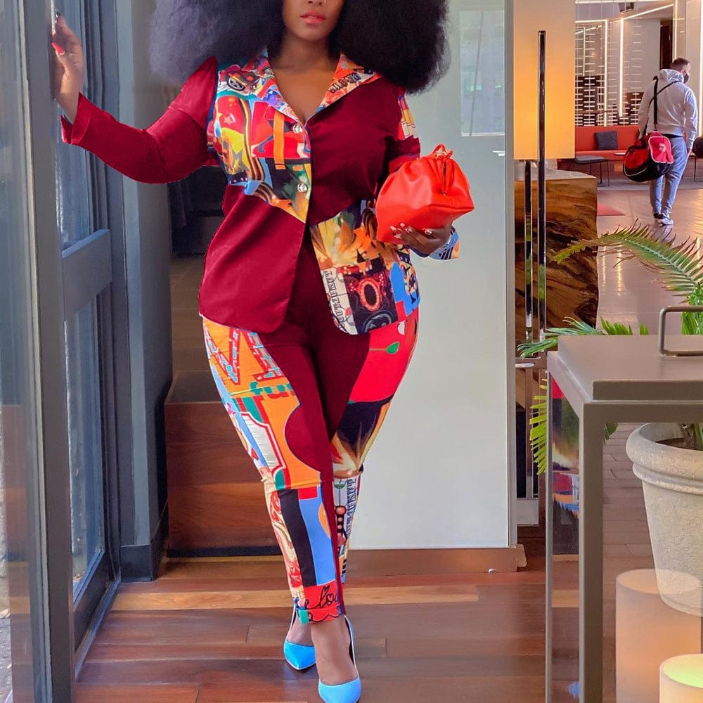 4 XL / Wine Red Wholesale Patchwork Print Plus Size Fall Casual Two Piece Set for Women Oversize Autumn Long Sleeve Ladies Clothing Suit