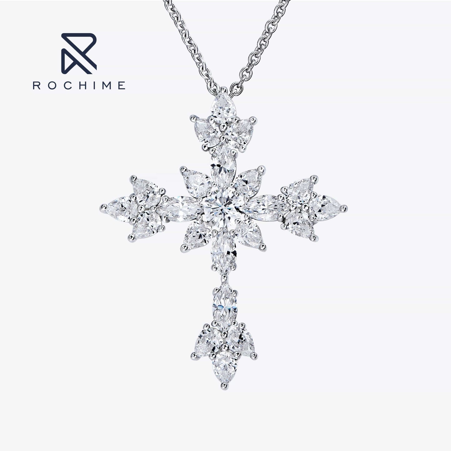 40+5cm / White gold Rochime  luxury fancy cut cross diamond pendant necklace  925 sterling silver custom zircon fine jewelry  for women
