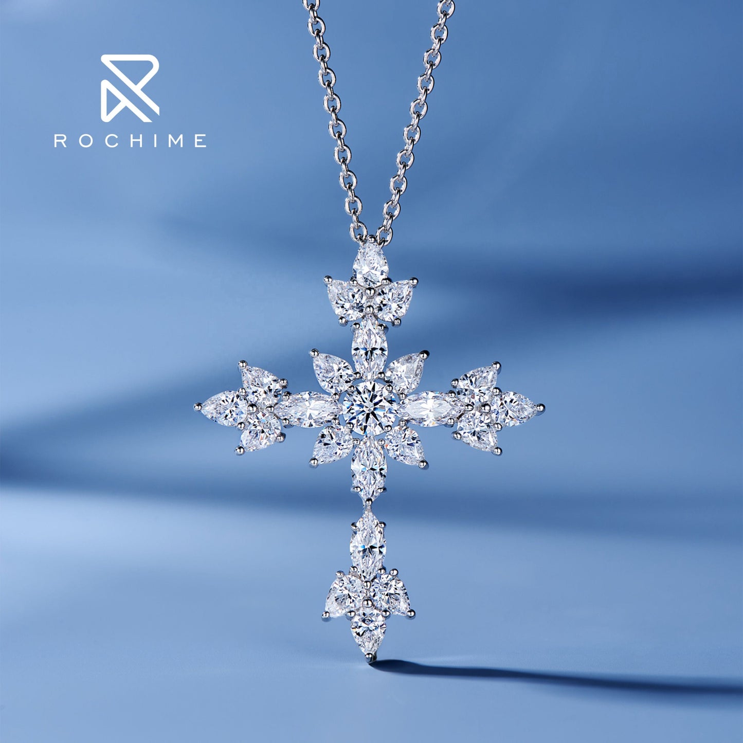 40+5cm / White gold Rochime  luxury fancy cut cross diamond pendant necklace  925 sterling silver custom zircon fine jewelry  for women