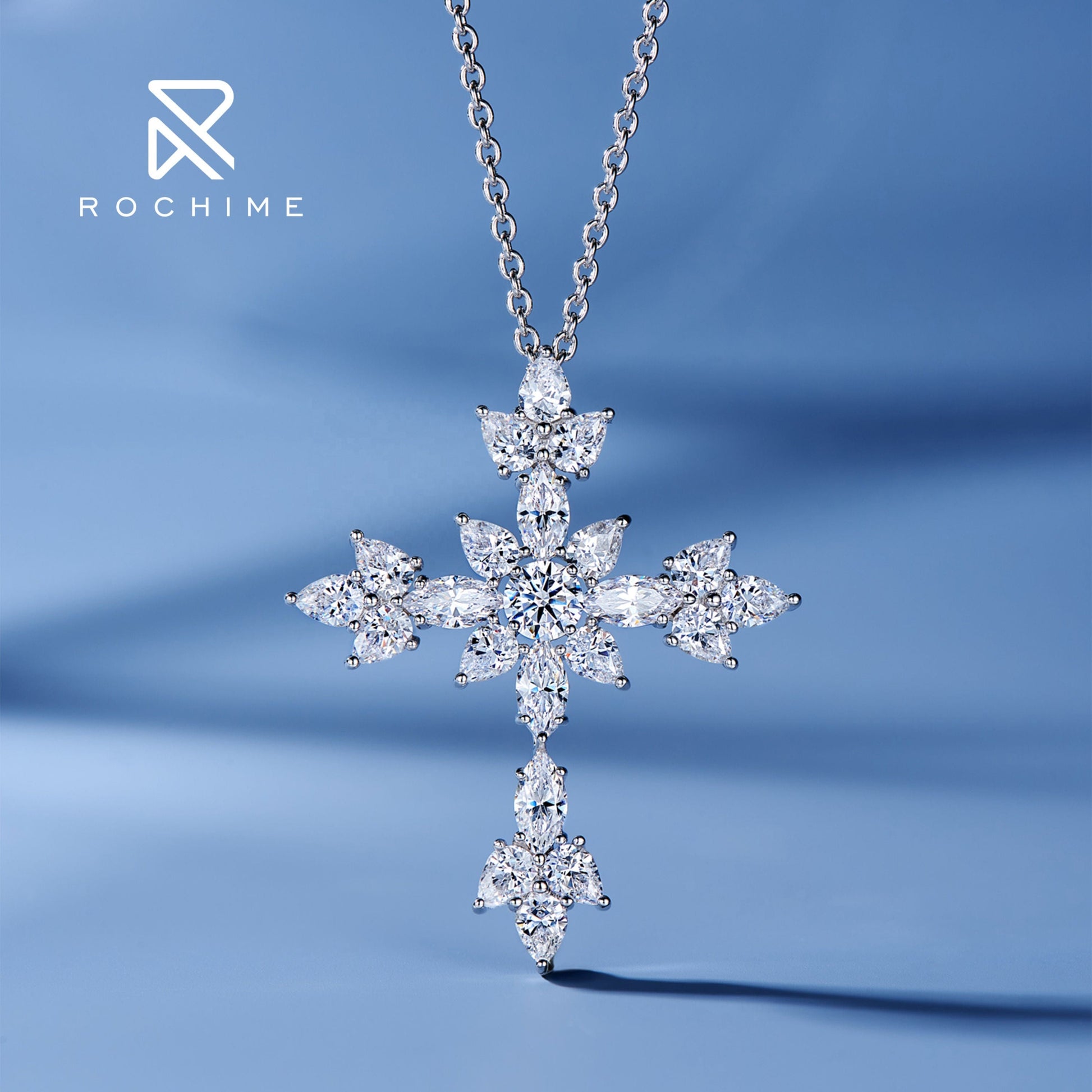 40+5cm / White gold Rochime  luxury fancy cut cross diamond pendant necklace  925 sterling silver custom zircon fine jewelry  for women