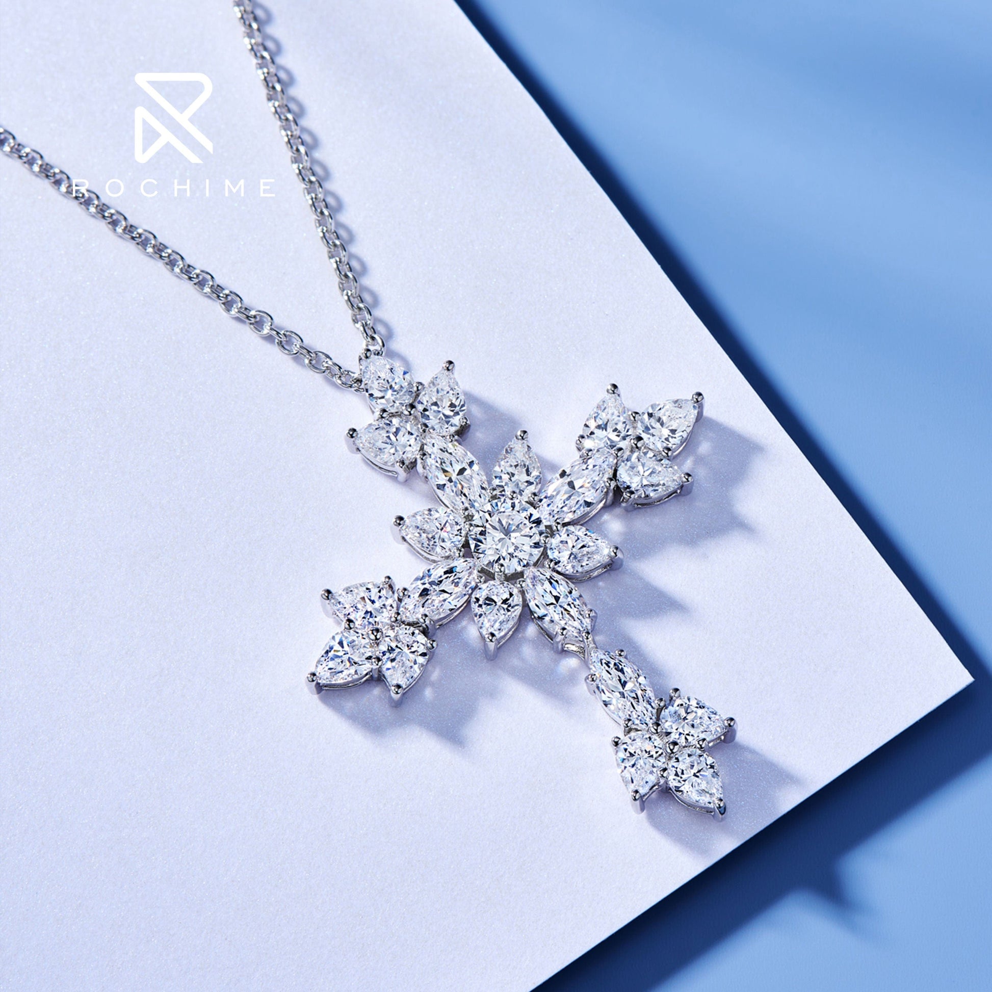 40+5cm / White gold Rochime  luxury fancy cut cross diamond pendant necklace  925 sterling silver custom zircon fine jewelry  for women