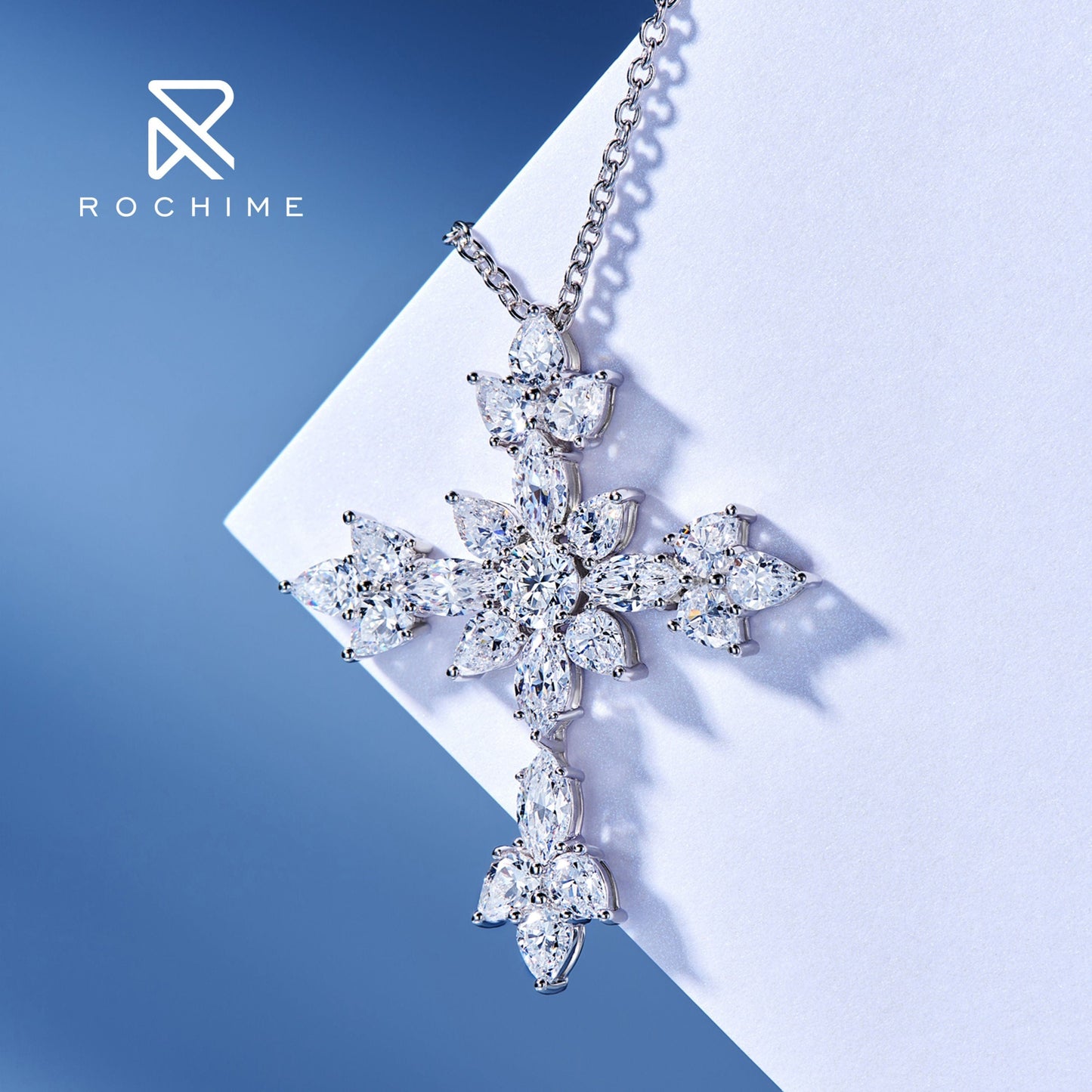 40+5cm / White gold Rochime  luxury fancy cut cross diamond pendant necklace  925 sterling silver custom zircon fine jewelry  for women