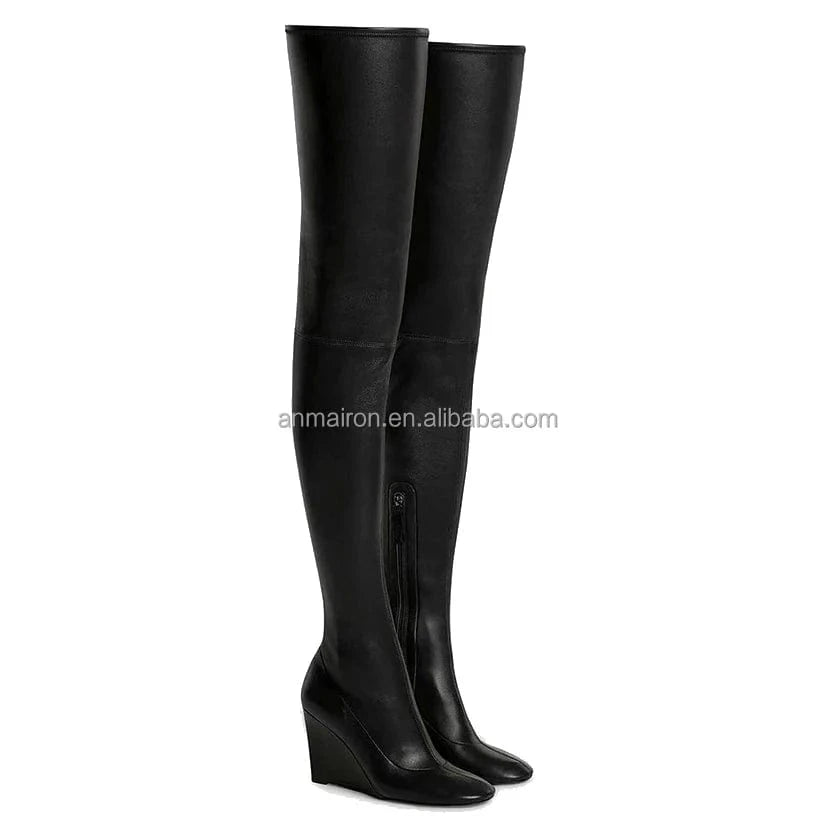 40 / Black Anmairon In Stock Fast Shipping Stretch Leather Over The Knee Bright Color Women Wedge Boots