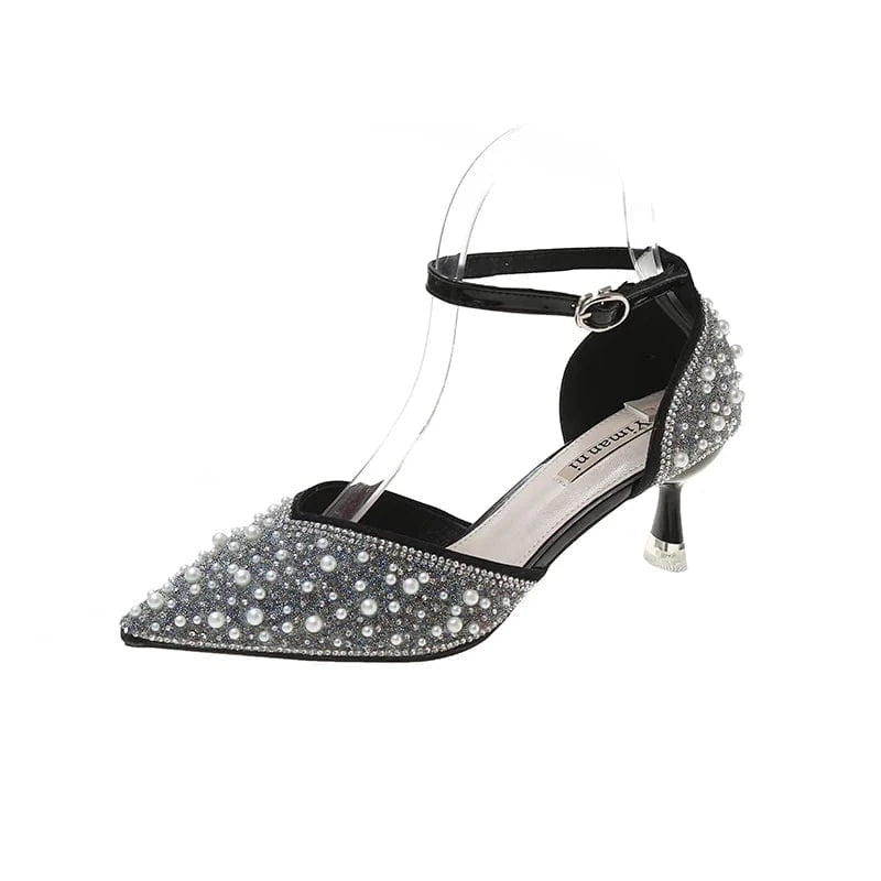 40 / Black Fashion close toe sandals spring and summer new women's shoes one-line buckle strap pearl rhinestone high heel single shoe