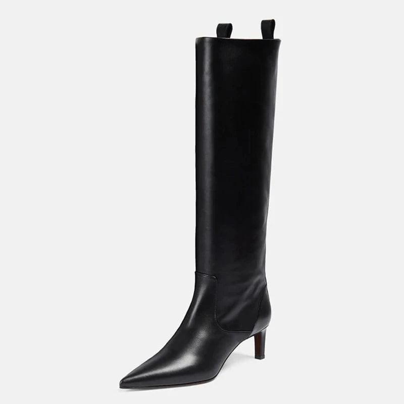 40 / Black Large Size 46 Solid Wide Fit Women's Knee High Boots Ladies Low Heels Shoes Pointed toe Slip on Long Booties