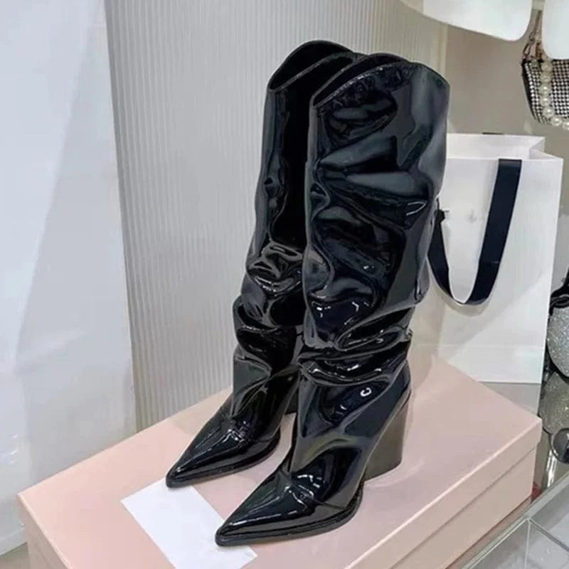 40 / Black Women's Pointy Toe Knee-high Booties High Chunky Heels Boots Colorful  Metallic Pleated Upper Slip On Shoes
