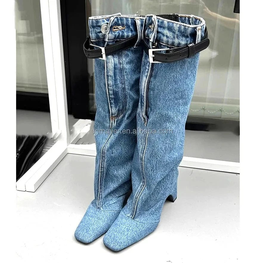 40 / Blue Ready To Ship Cowboy Winter Boots Back Leather Cross Buckle Strap Knee High Shoes Wedge Heel Women's Fashion Boots