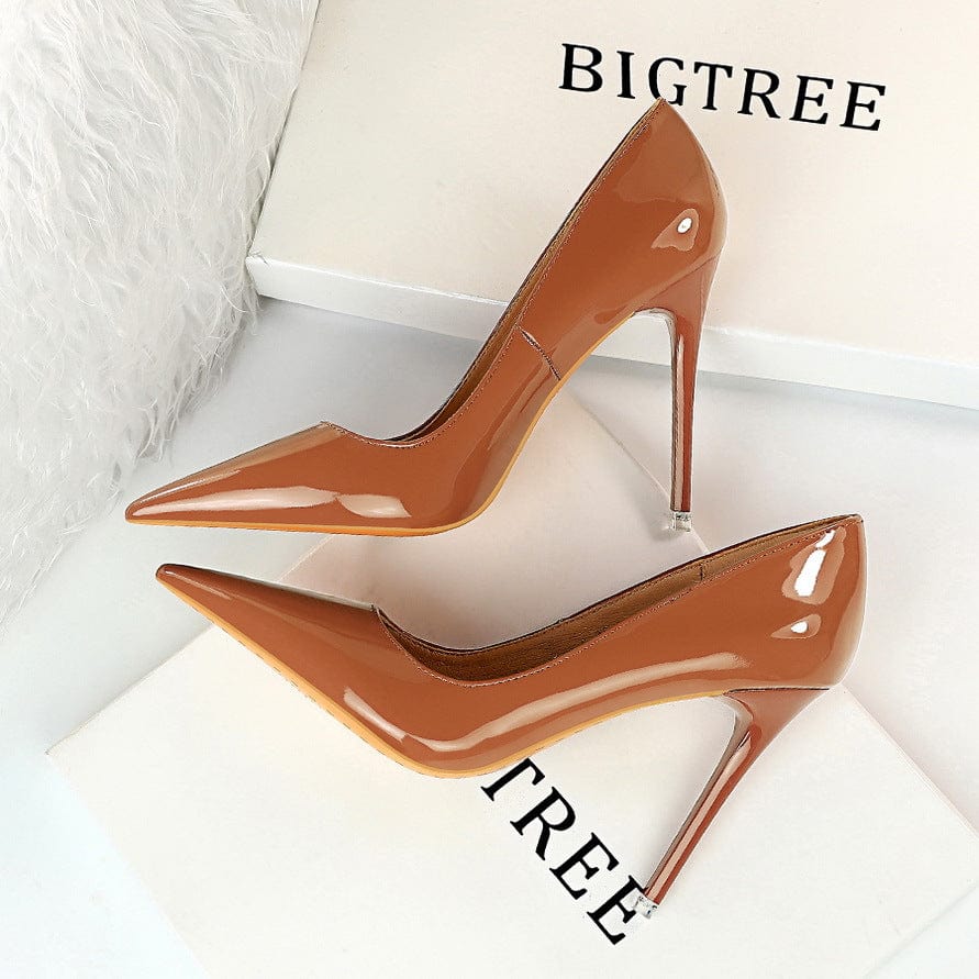 40 / Brown S4676F  Fashion simple stiletto super high heel glossy patent leather shallow mouth pointed toe sexy slimming wedding shoes