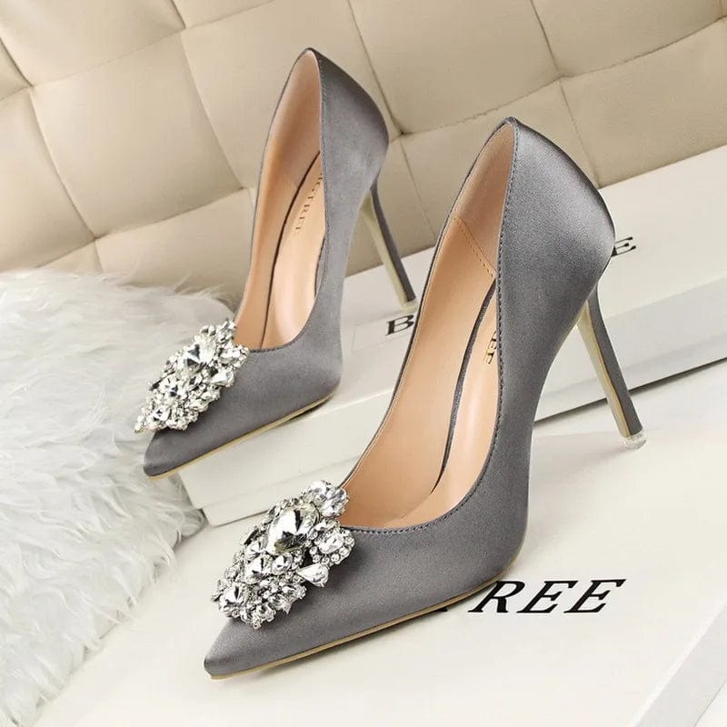40 / Grey New Women Korean Shining Crystal simple  high heels Slippers Shallow pointed mouth thin mature sexy women High Heel Sandals
