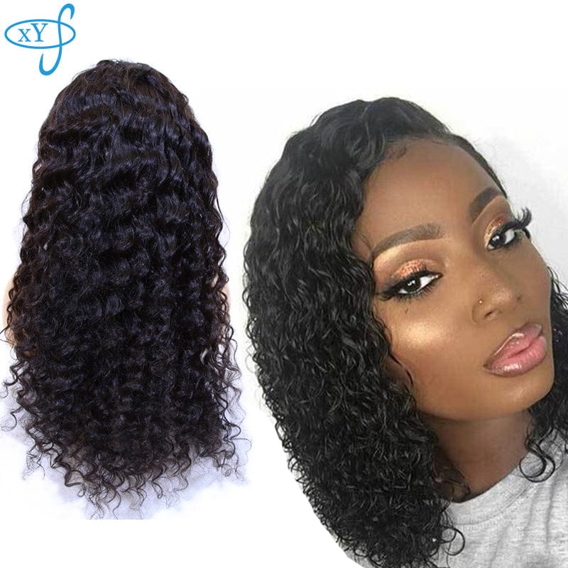 40 Inches / Black 13x4 XYS Short Afro Wigs with Headbands, 100% Lace Front Preplucked Virgin Human Hair Wig, Wholesale Transparent Lace Frontal Wig
