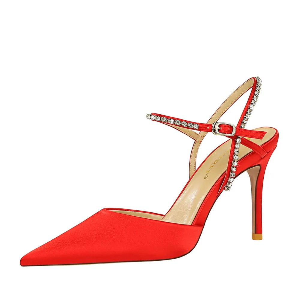 40 / Red New Dress Shoes Party Banquet Stiletto High Heels Satin Hollow Summer Women's Shoes Rhinestones Heels For Ladies Sandals