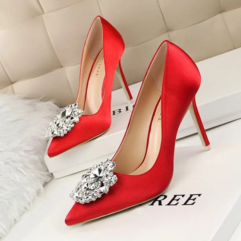 40 / Red New Women Korean Shining Crystal simple  high heels Slippers Shallow pointed mouth thin mature sexy women High Heel Sandals