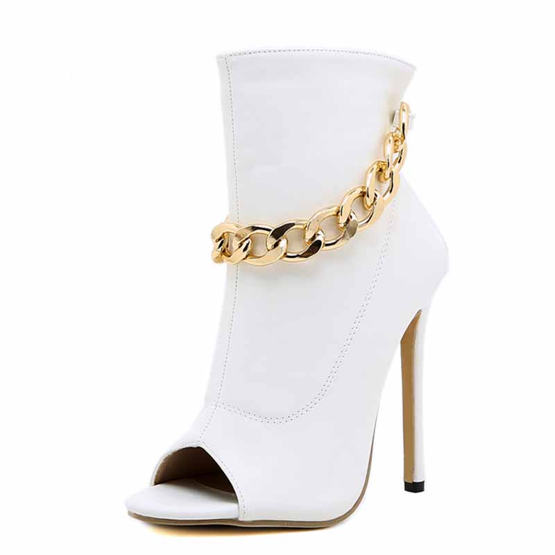 40 / White Fashion Summer New 2022 Zippers Metal Chain White Peep Toe Thin High Heel Ankle Decoration Boots Shoes 35-42 Women's Sandals