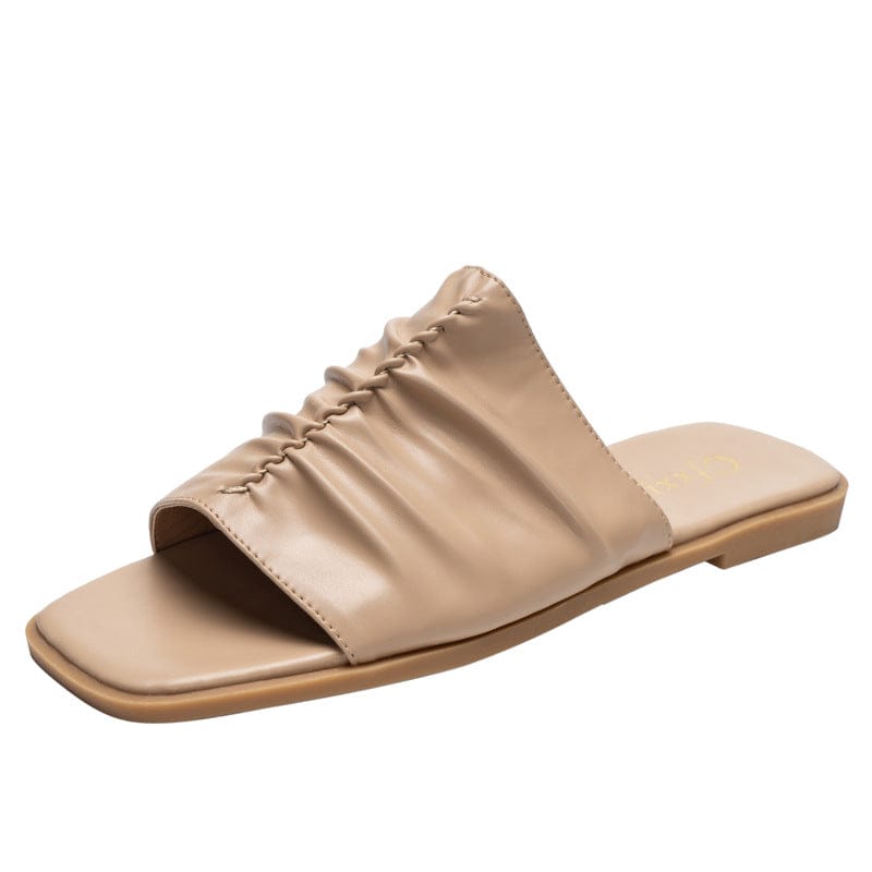 41 / Beige indoor outdoor wear Women Shoes Pleated Slipper ladies Summer Slippers Wearing Flat Sandals Women's beach slippers