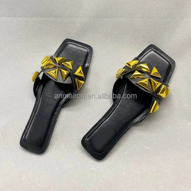 41 / Black Anmairon Female Popular Style Square Toe Big Size Available Big Rivets Women Flat Sandals