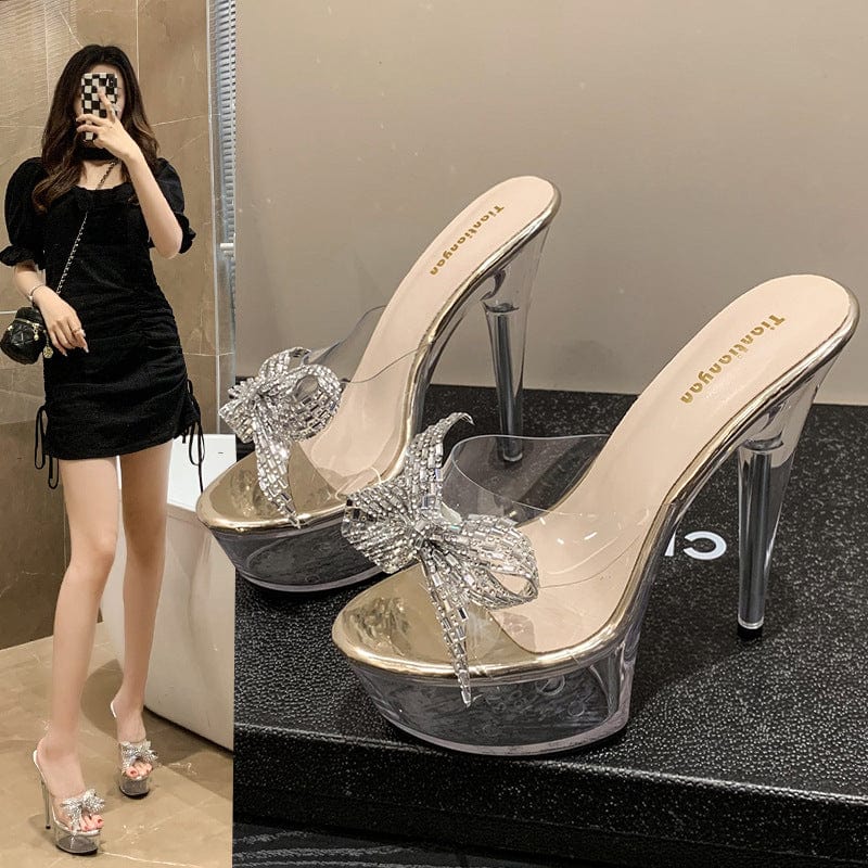 41 / Gold 13cm PDEP 2023 Summer Waterproof Platform Fashion platform Transparent thick Ultra High Heel Sandals Women's Slippers chunky mule
