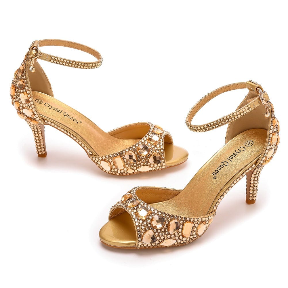 41 / Gold S4828F  7cm Fish Mouth High Heel Shallow Mouth Buckle Large Size Round Toe Crystal Rhinestone Stiletto  bride shoes wedding
