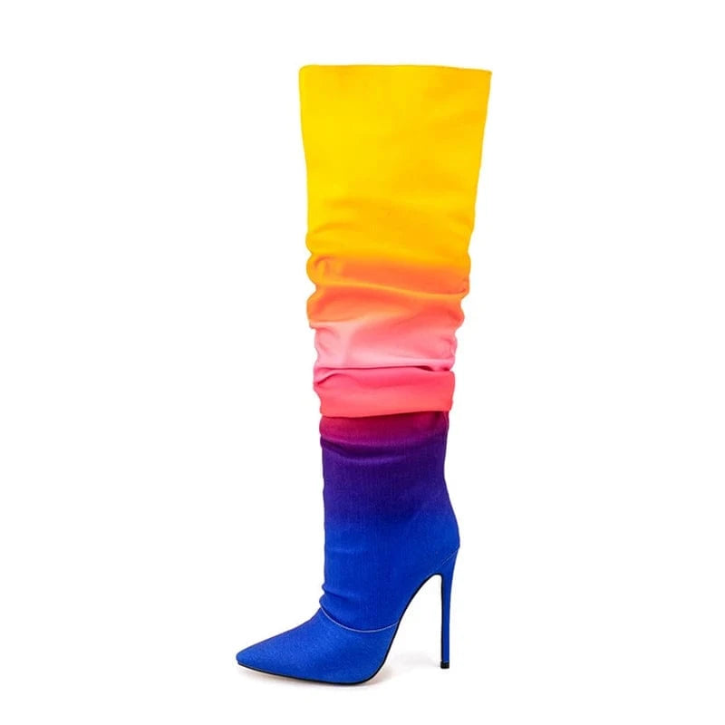 41 / mixed Colorful Mixed Big Size 47 Stiletto Style High Slim Heels Shoes Women Pointed Toe Pleated Knee High Boots Slip On Long Booties