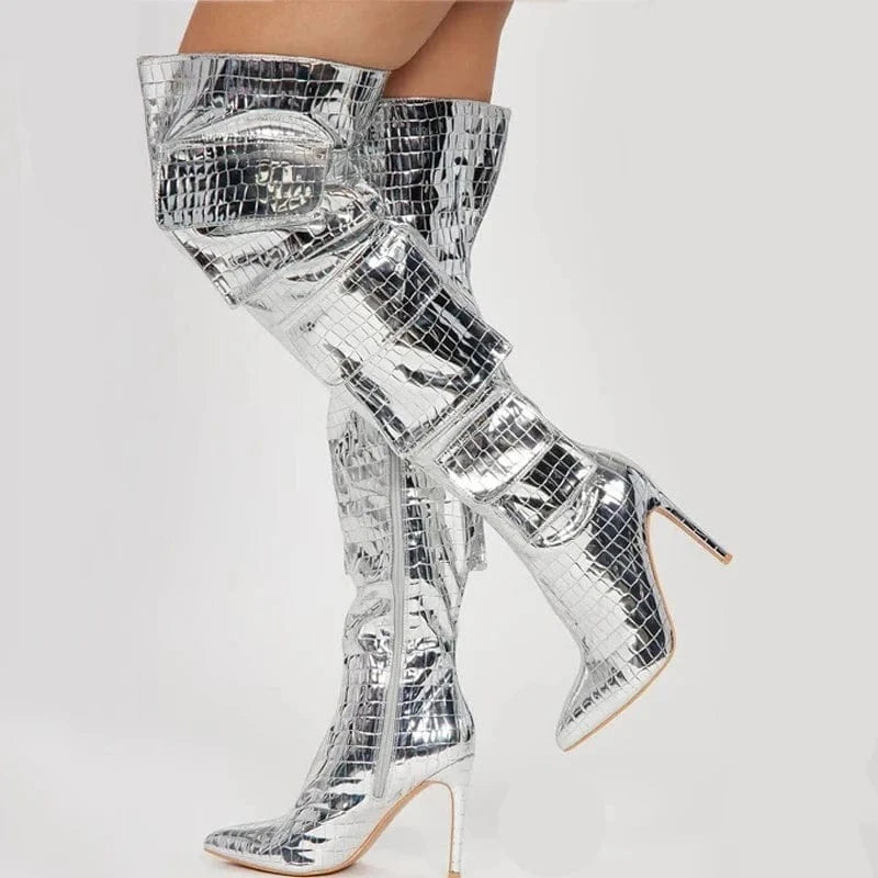 41 / silver Silver Prints Women's Over Knee High Thin Heels Size 44 Pockets Boots Pointed Toe Camouflage Shoes Stiletto Denim Long Booties