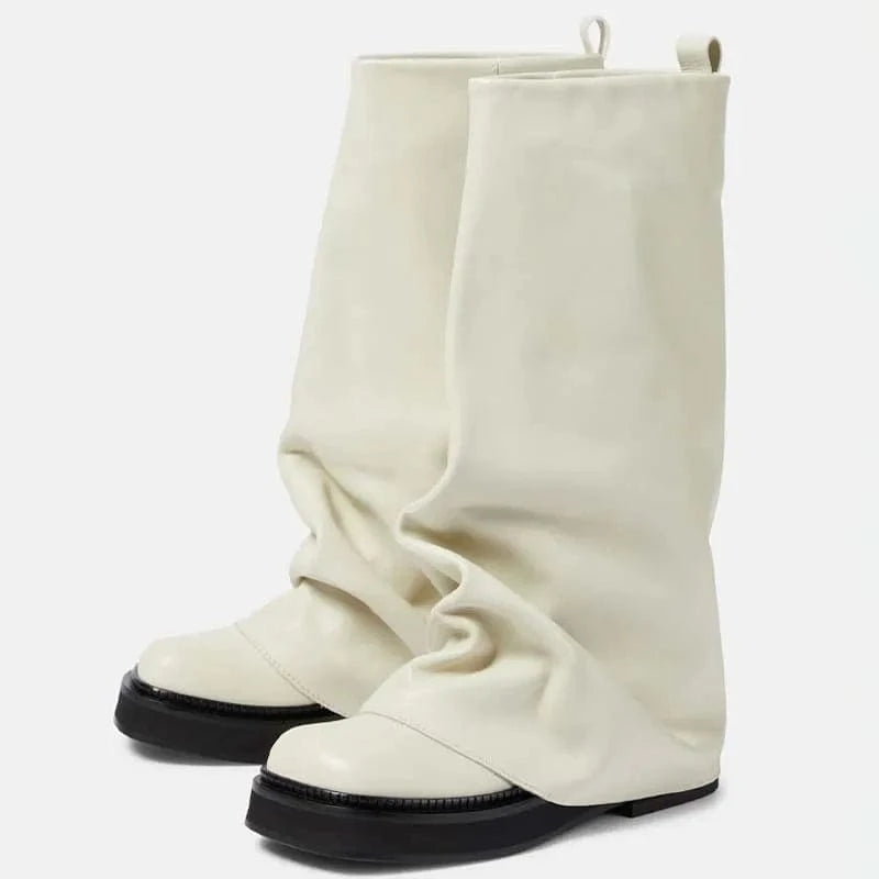 42 / Beige Thick Sole Loose Upper Shoes Leather Flat Heels Square Toe Slouchy Long Boots Women's Wide Fit Knee High Booties